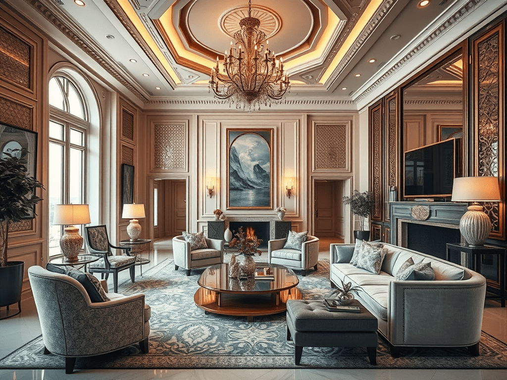 Elegant luxury living room interior with chandelier, classic furniture, and refined Dutch luxury design details
