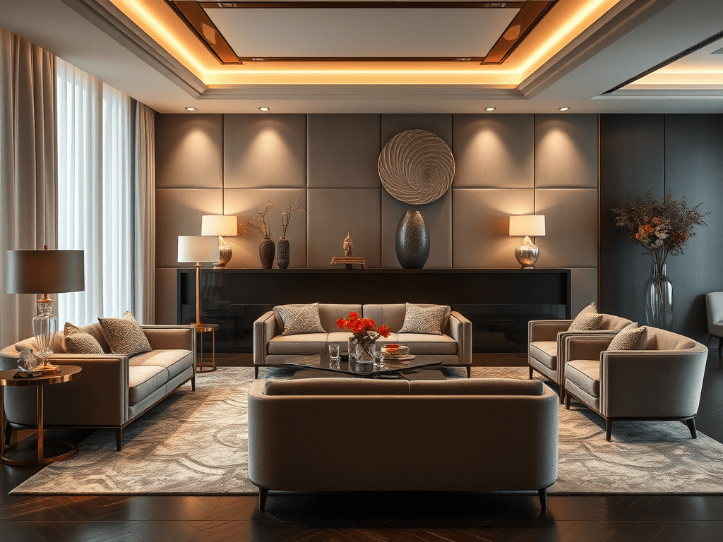 Contemporary luxury living room with modern sofa set, warm lighting, and elegant Dutch interior design
