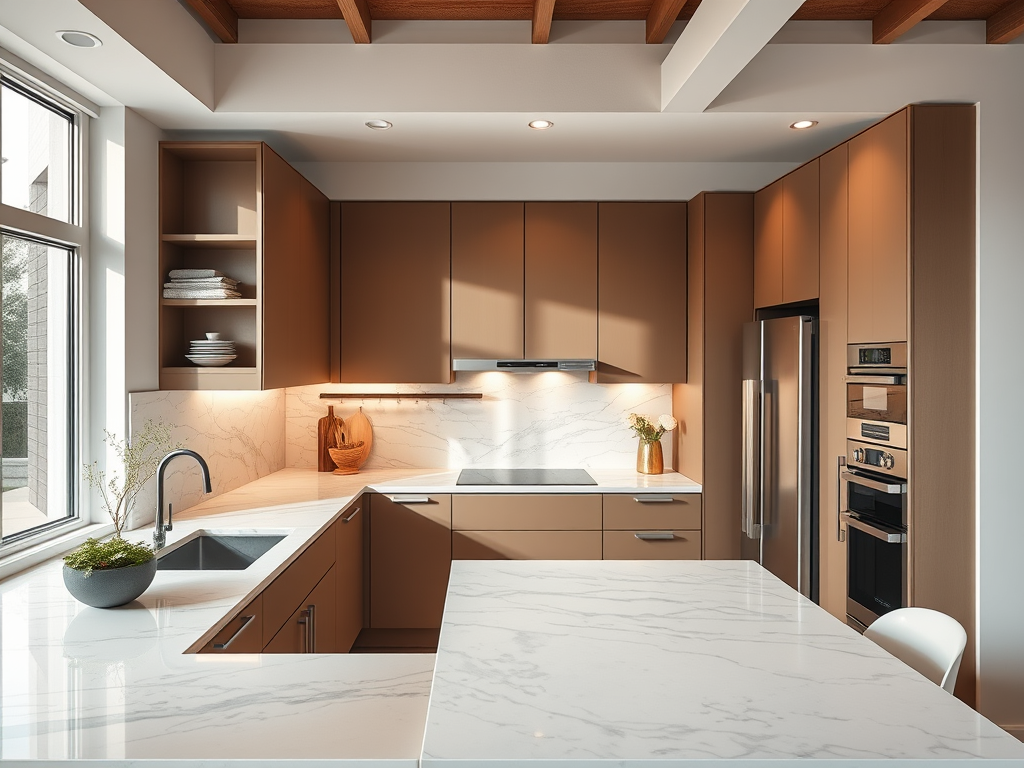 Modern kitchen renovation in the Netherlands with sleek brown cabinets, marble countertop, and built-in appliances