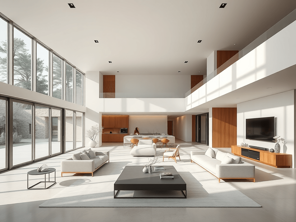 Modern & minimal luxury living room with minimalist sofa design, large windows, and open space interior