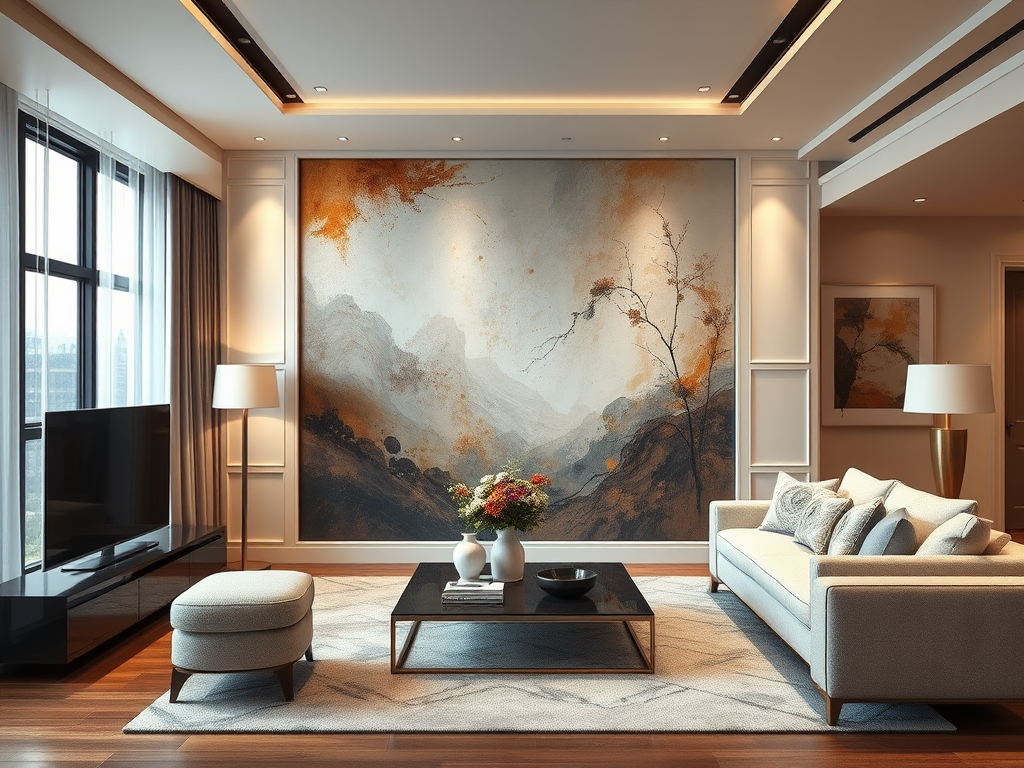 Modern living room with artistic wall painting design, large mural behind sofa