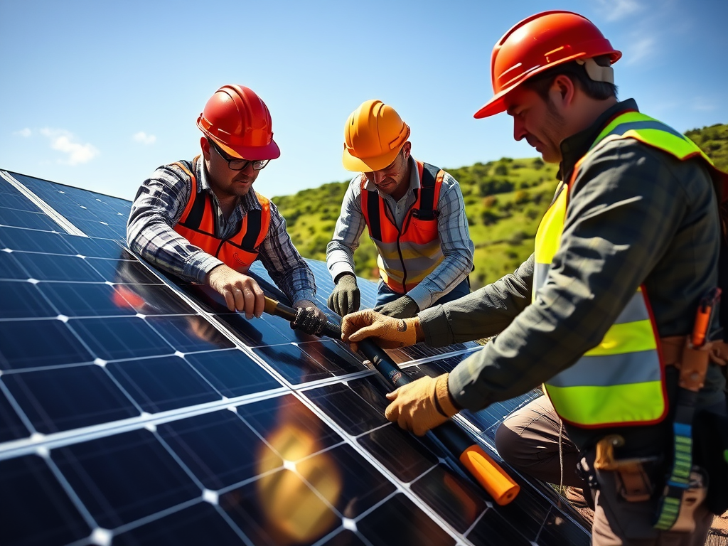 Workers installing solar panels on a sustainable home roof in the Netherlands