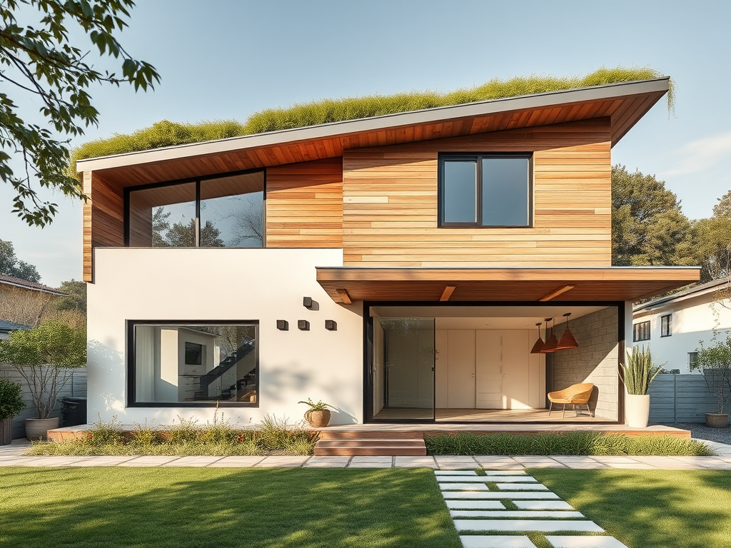 Modern sustainable home with wooden facade and energy-efficient design