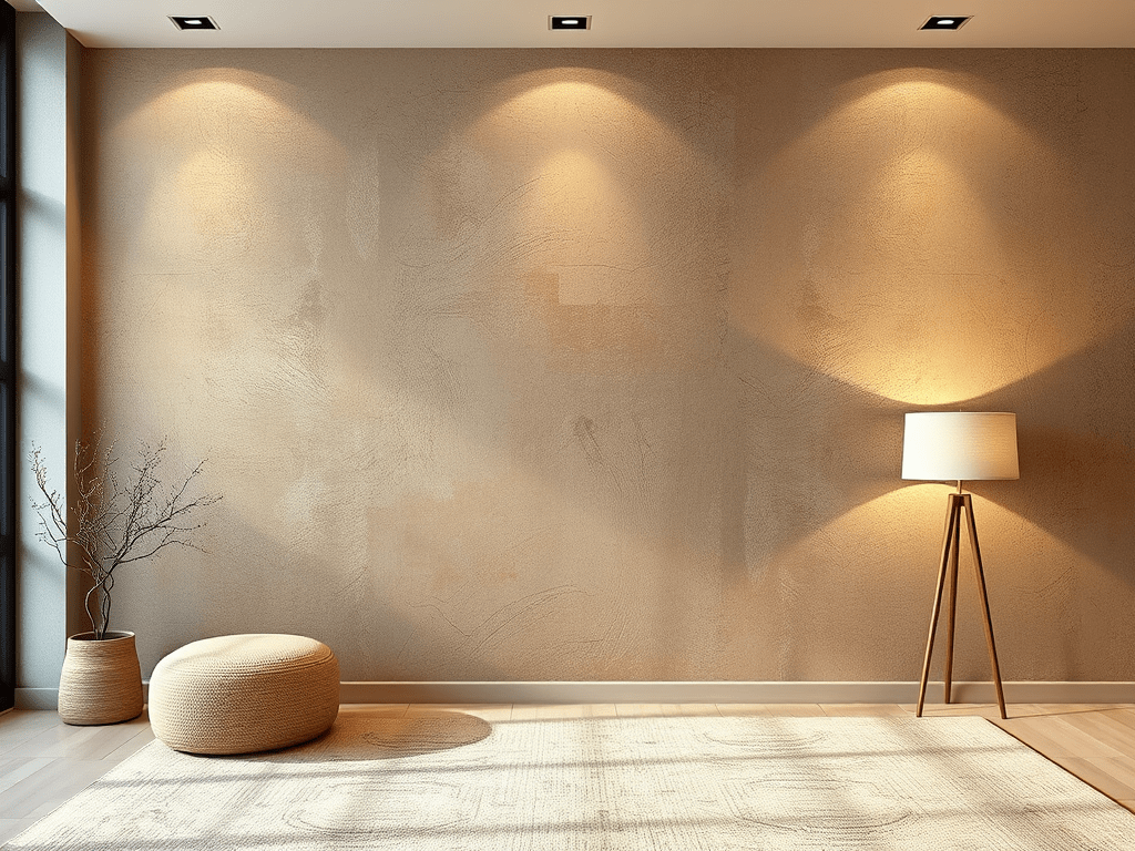 Minimalist wall painting in beige tone with soft lighting in modern living room