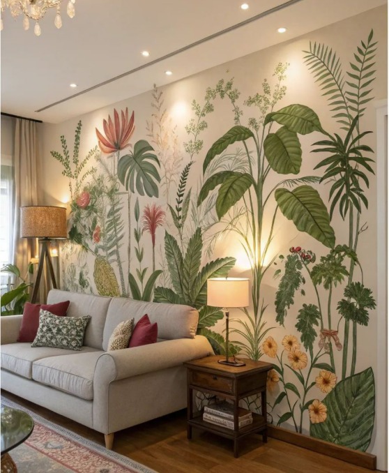 Botanical wall painting idea behind sofa in living room