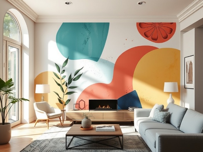 Modern abstract wall painting with bold geometric shapes in living room