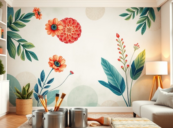 Floral wall painting design with large colorful flowers in living room